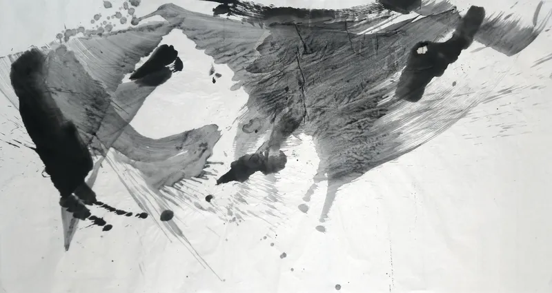 T_198: Black ink column at left, broad streaked grey sweep rising to a dark patch top right, spatter below, open paper lower right.