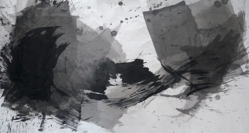 T_210: Wide ink painting: dense black mass at left, grey hand-like shape and pale rectangles at right, joined by a low dry-brush arc, drips above.