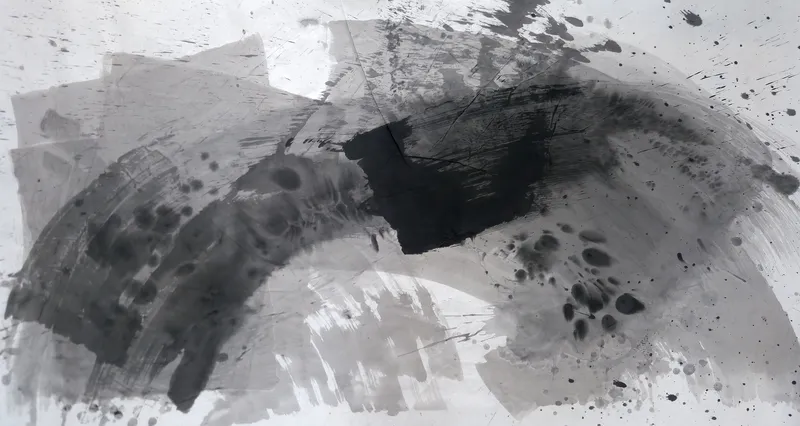 T_213: A wide grey brushed arc over white space, a dense black rectangle at centre, and black spatter scattered across pale paper.