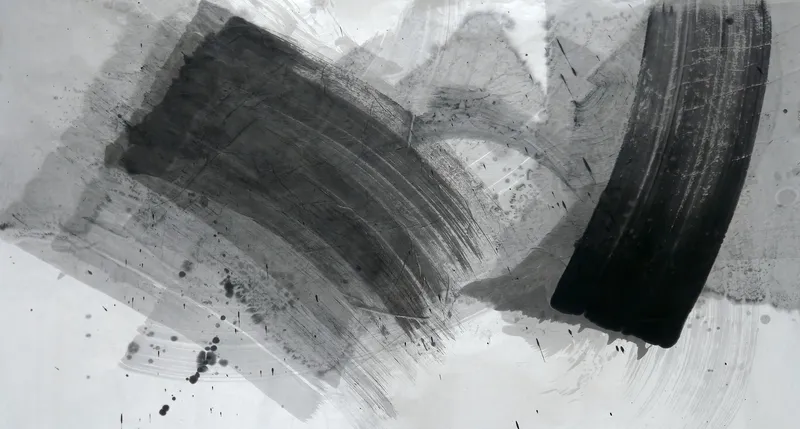 T_220: A wide grey ink sweep curves across the left, a black curved upright stroke stands at right, with cloudy pale washes and dark spatter at lower left.