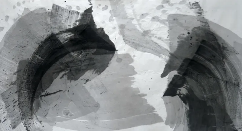 T_223: Wide ink painting in black and greys: a dark arc at left and a dark arc at right face each other across a pale, drop-spotted centre.