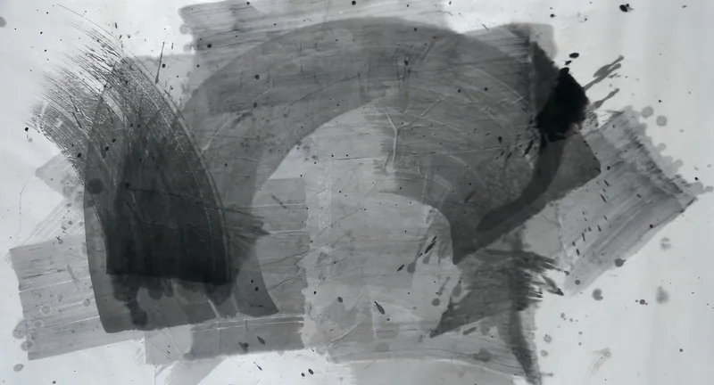 T_224: Grey and black ink strokes on pale paper: a dark curved band at left, a wide grey arc across the top, a black blot upper right.