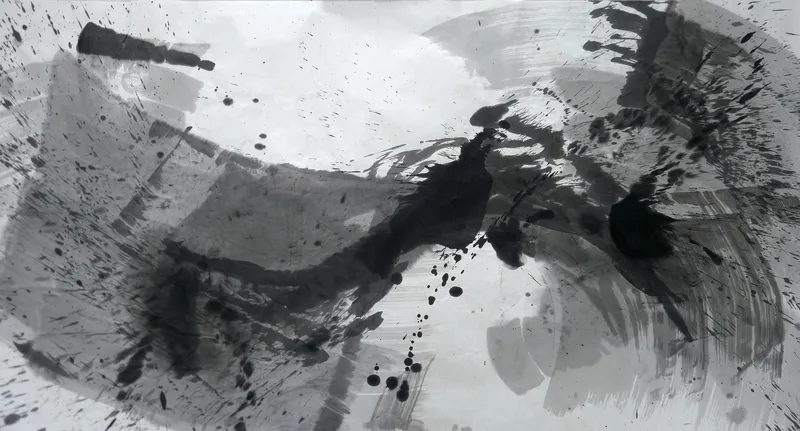 T_225: A wide grey ink painting with a dark stroke rising left to right, a black splash at centre, spatter, and curved grey strokes at right.