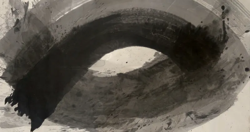 T_231: A huge dark ink loop sweeps across a beige sheet, black at lower left and upper right, enclosing a pale eye-shaped clearing at centre.