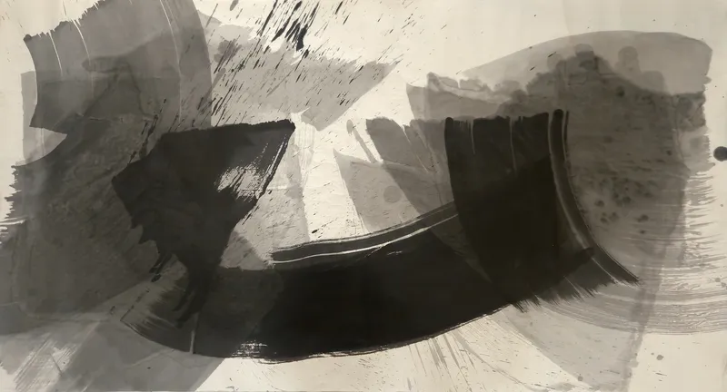T_234: Grey washes at left, a dark wedge centre-left, and a long black curved stroke rising into a dark vertical block at right.