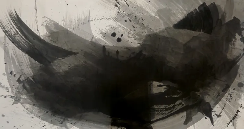 T_235: Wide ink painting: a dark bowl-shaped sweep of black and grey across pale paper, with a dry arc upper left and a black fan upper right.