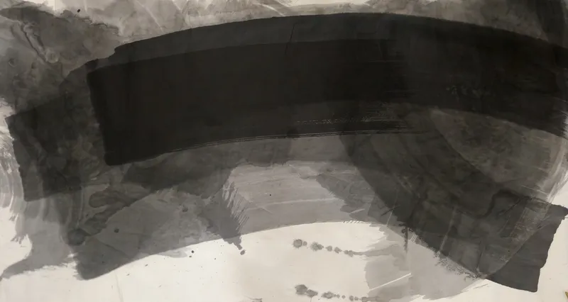 T_237: A broad black curved band crosses the upper half of a wide sheet, above a grey arc sweeping to lower right and white paper below.
