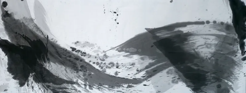 T_250: A grey ink wave sags across pale paper from a dark blotched mass at left to a dark diagonal band and black strip at right.