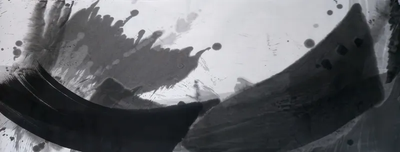 T_255: Wide ink painting: a black arc sweeps from the left edge to bottom centre, a grey wedge rises right, grey splashes upper left.
