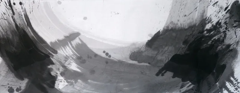 T_259: Wide ink painting: dark masses at left and right edges joined by a grey bowl-shaped sweep, pale open circle above, spatter and round drops.