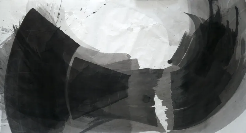 T_267: Landscape ink painting: a dark fan at left, a dark wedge and grey band at centre, curved black strokes at right, white paper open across the top.