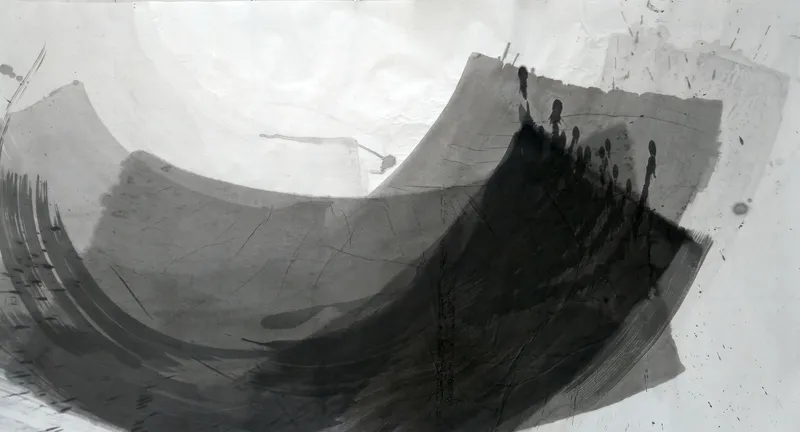 T_268: Large grey and black brush arcs form a bowl across a pale landscape sheet, rising at right into a dark wedge topped with drips.