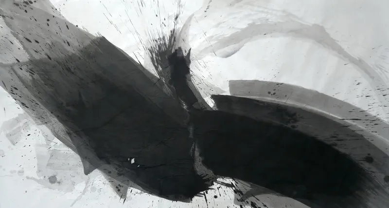 T_269: A wide black diagonal mass from upper left meets a curved black arc on the right, with upward ink spray at centre and pale grey washes.