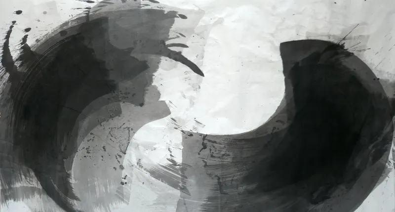 T_272: Wide ink painting: a large grey and black arc on the left and a dense black crescent on the right curve around a white centre.
