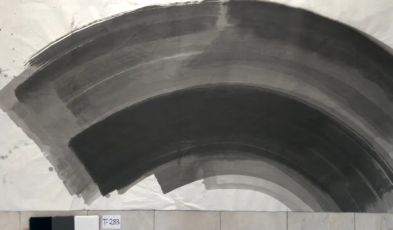 T_283: A broad grey and black arc sweeps from the left over the top to the bottom right corner, with bare paper at lower left.