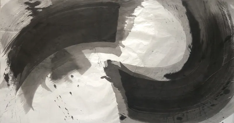 T_287: Two broad black curved strokes with grey washes swirl around a pale central oval on white paper, with ink drips at lower left.