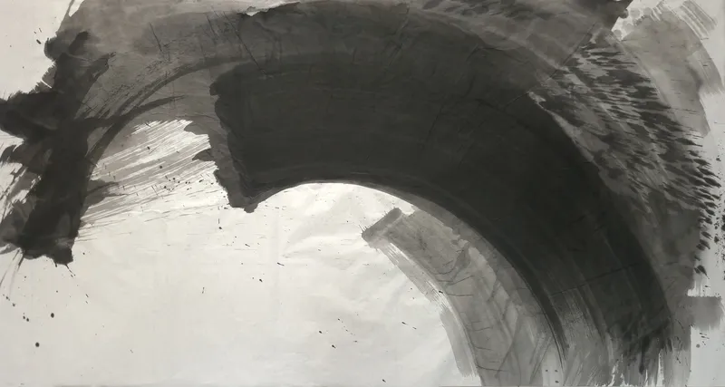 T_291: A broad black arc curves across the top and down to lower right over white paper, with a grey inner arc and a ragged left block.