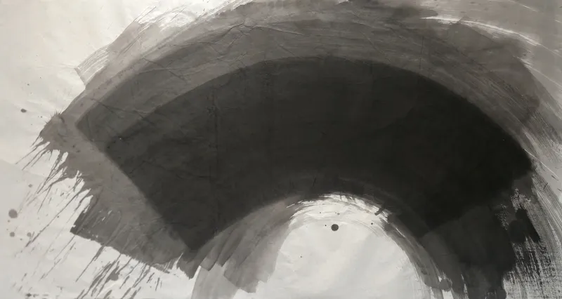 T_294: A large dark grey arch sweeps across pale paper, with drips at left, dry streaks at right, and a white dome-shaped space at bottom centre.