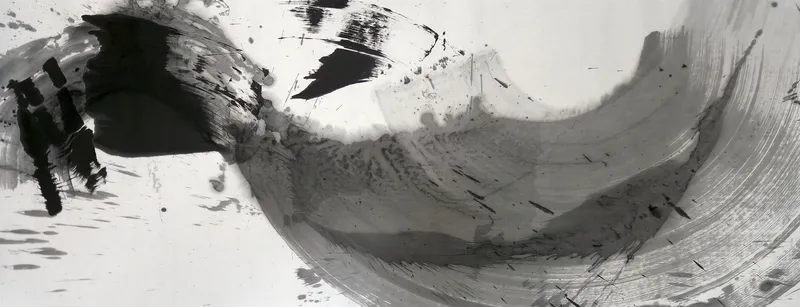 T_302: A wide grey ink crescent sweeps from centre to upper right, with a dense black slab, black wedge and vertical marks at upper left.