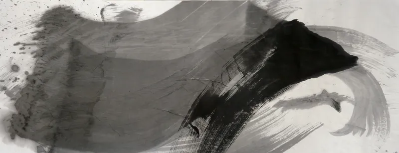 T_303: A wide grey band sweeps right into a thick black curved stroke, with pale grey arcs beyond it and spatter at top left.