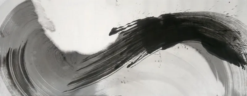 T_309: A wide pale sheet with a black brushstroke sweeping up from lower centre to upper right, between grey curved brush arcs at both ends.