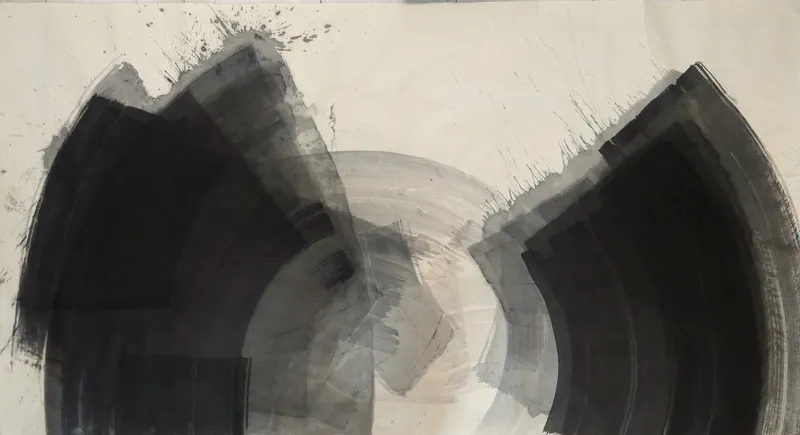 T_315: Two dark fan shapes rise from the bottom left and right, spattered at their tops, around a pale grey circle on cream paper.