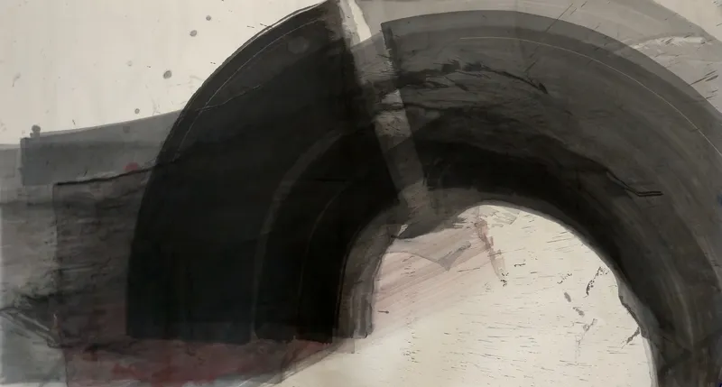T_316: A broad black and grey arch sweeps from lower left to the right edge, enclosing a white opening, with grey rectangles stacked at left.