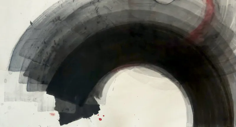 T_318: A huge black arc with grey outer bands curves from lower left to bottom right around a white circle; red stroke at upper right.