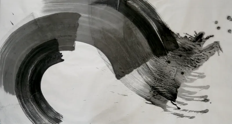 T_320: Grey and black brush arcs curl from lower left over the top around an empty pale centre, ending in a dark splash with drips at right.