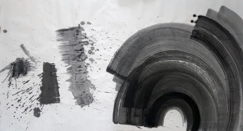 T_321: Large dark concentric arcs at right around a small white arch; at left, a dark block, a grey column and a spattered blot.