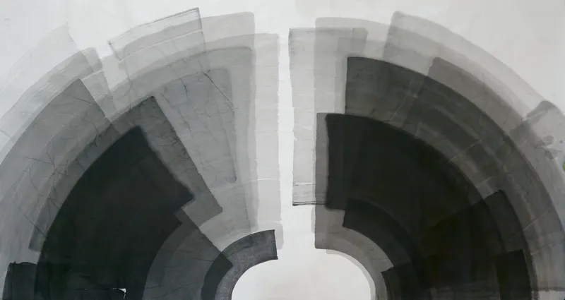 T_329: Two fans of curved grey to black bands rise either side of a white vertical channel above a small white circular opening at bottom centre.