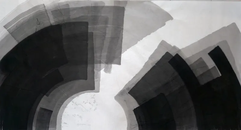 T_330: Two fans of stacked grey and black curved bands face each other across a white circle, with a white diagonal gap rising right.