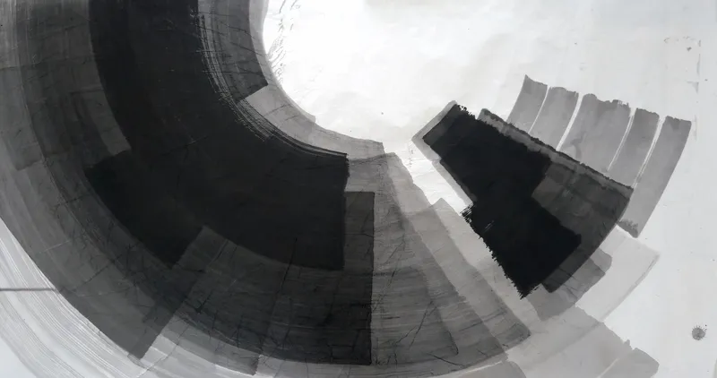 T_331: A large dark arc of black and grey bands curves around a white circle at upper centre, with stepped black and grey blocks at right.