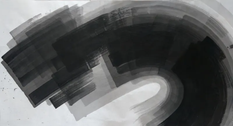 T_332: A dark ink hook: grey rectangular blocks at left arc across the top and down the right into black, around a white tongue.