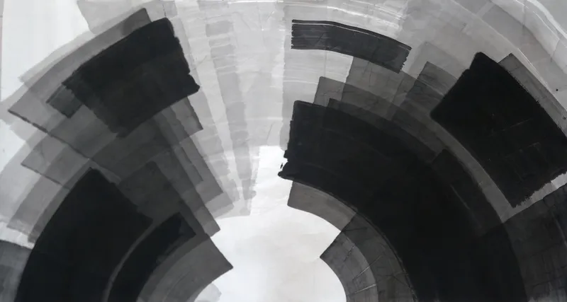 T_333: Wide ink painting: two fans of black and grey curved bands sweep in from left and right around a white arch at bottom centre.
