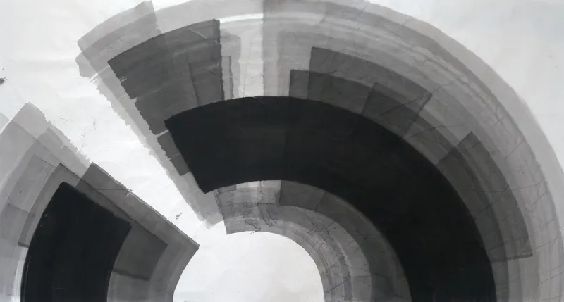 T_335: Concentric grey and black arc bands sweep around a white opening at bottom centre, with a separate black and grey sector at lower left.