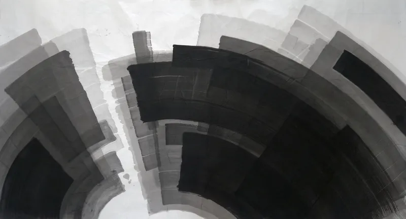 T_337: Curved black and grey bands radiate around a white arch at bottom centre, darkest at lower right, with pale paper across the top.