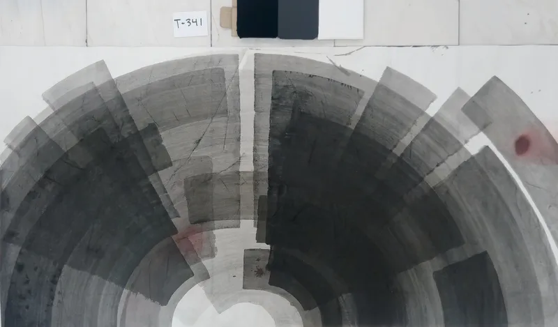 T_341: Grey and black bands form a half wheel round a white core at bottom centre, split by a pale vertical channel; red dot, upper right.