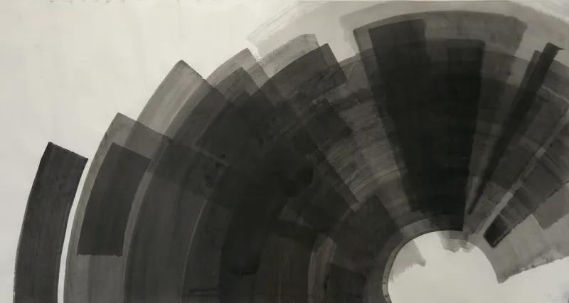 T_344: A large fan of black and grey curved bands radiating around a white rounded opening at lower right, with empty pale paper at upper left.