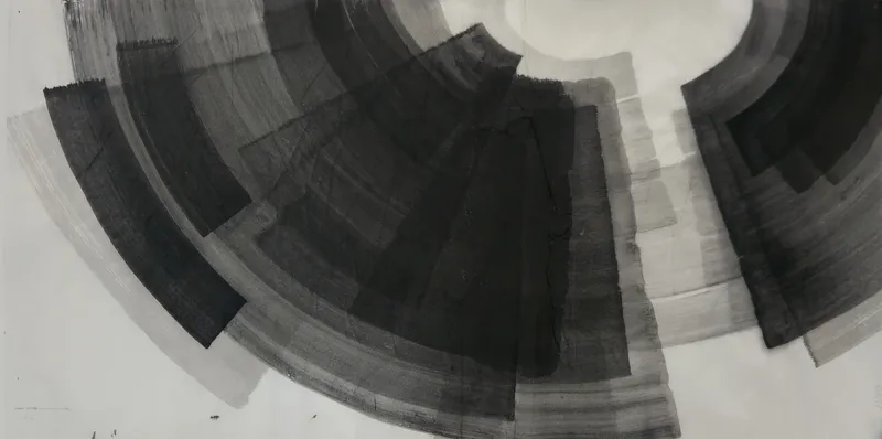 T_346: Large fan of curved grey and black bands sweeping from top left across the centre, a smaller dark arc at right, white paper between.