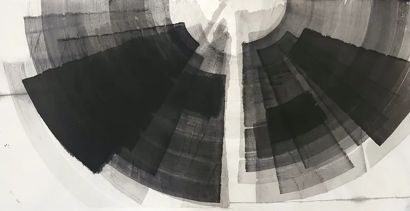 T_349: Two fans of black and grey arc bands spread left and right from a narrow white vertical gap, beneath a pale half-circle at top centre.