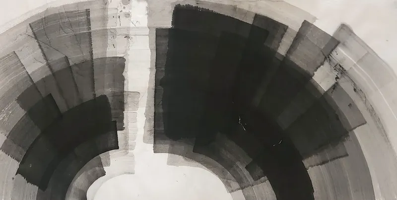 T_350: Wide grey and black brush blocks form a large arch, split left of centre by a vertical white channel above a white void.