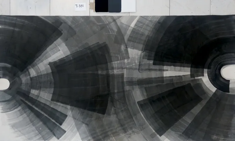 T_351: Wide grey and black ink painting: radiating fans around a white oval at left, a black ring around another oval at right, dark central block.
