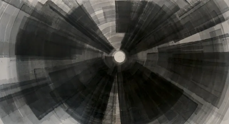T_353: A dark radial burst of wide grey and black brush wedges spreading from a small white circle just above the centre of a wide sheet.