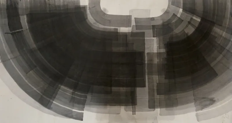 T_357: A wide horseshoe of overlapping grey and black ink bands around a rounded white opening at top centre, with squared dark columns down the middle.