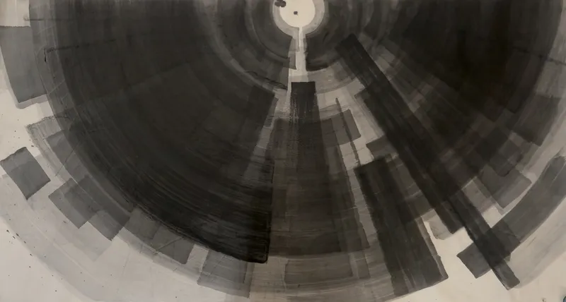 T_358: A large dark fan of concentric and radial ink bands on pale paper, converging on a small white circle at top centre holding two dots.