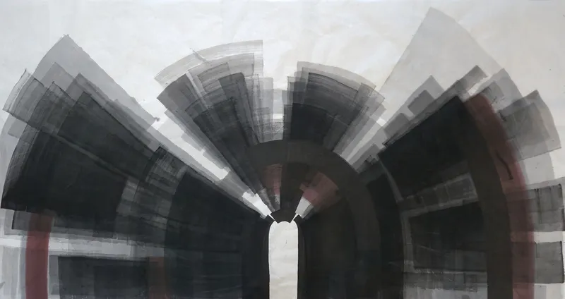 T_363: A wide radiating fan of translucent grey and black blades curves around a dark arch over a narrow white slot, with red vertical bands.