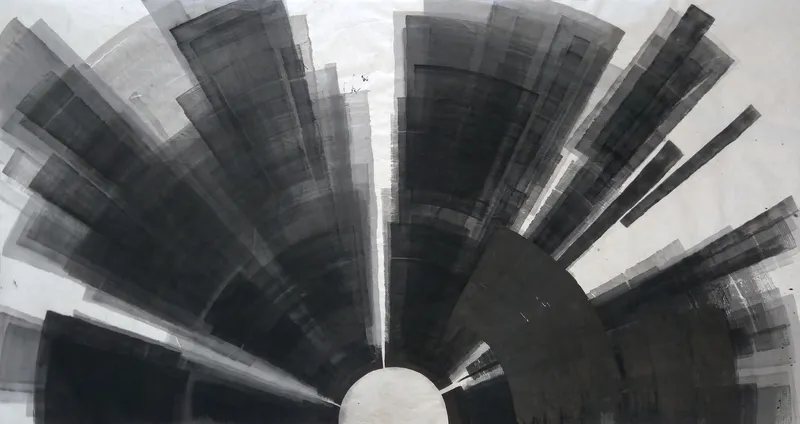 T_365: Broad grey and black bands fan out from a small white semicircle at bottom centre across a wide sheet, leaving open paper top right.