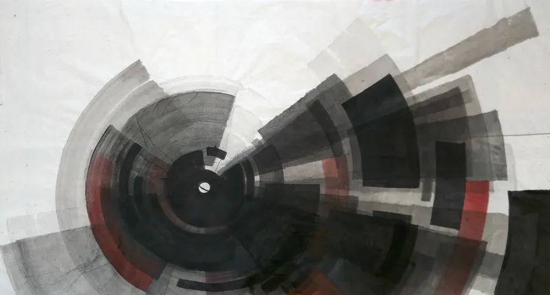 T_369: Grey and black ring segments circle a small white hub left of centre, fanning into translucent wedges and black blocks toward the upper right, with red arcs.