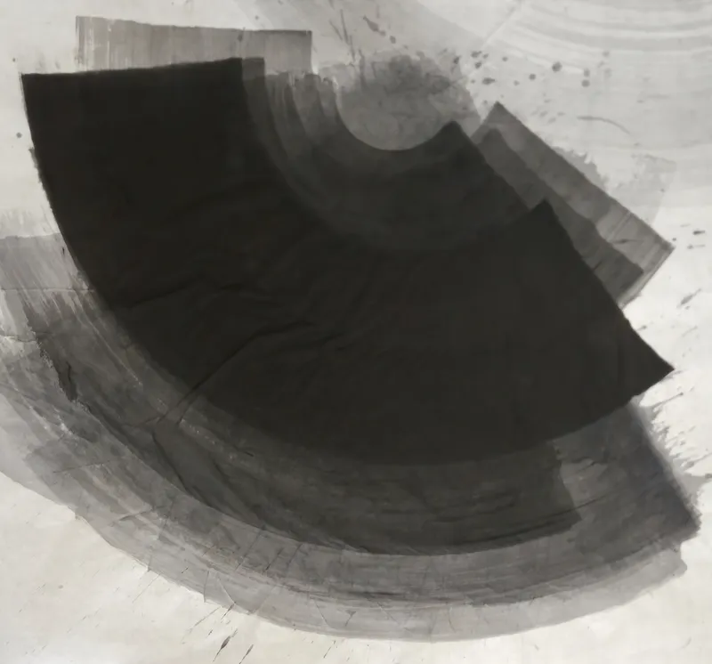T_371: A large black fan shape sweeps from upper left to right over curved grey bands, with spatter and open paper at the top right.